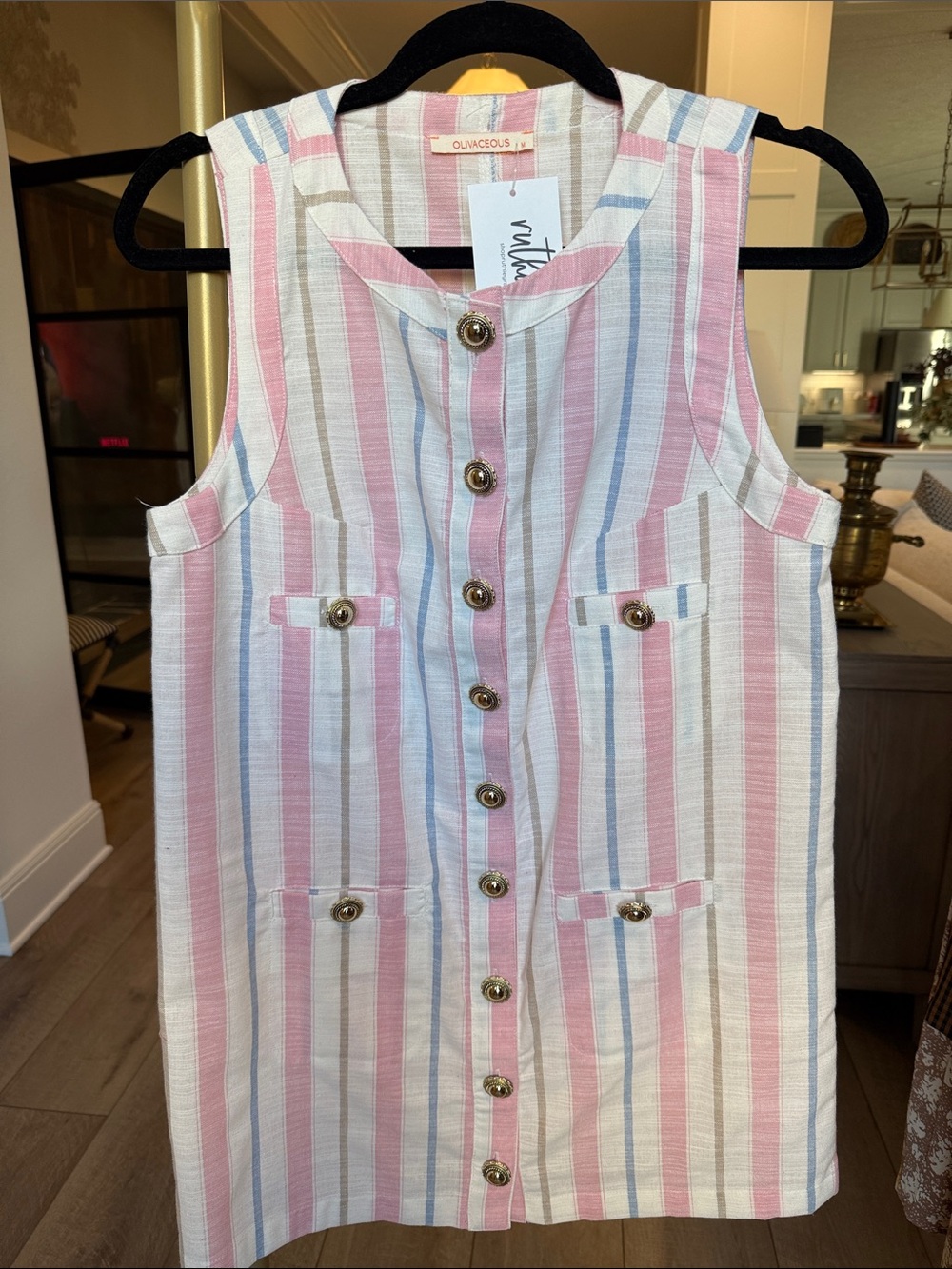 Olivaceous Salt & Stripe Button Linen Dress